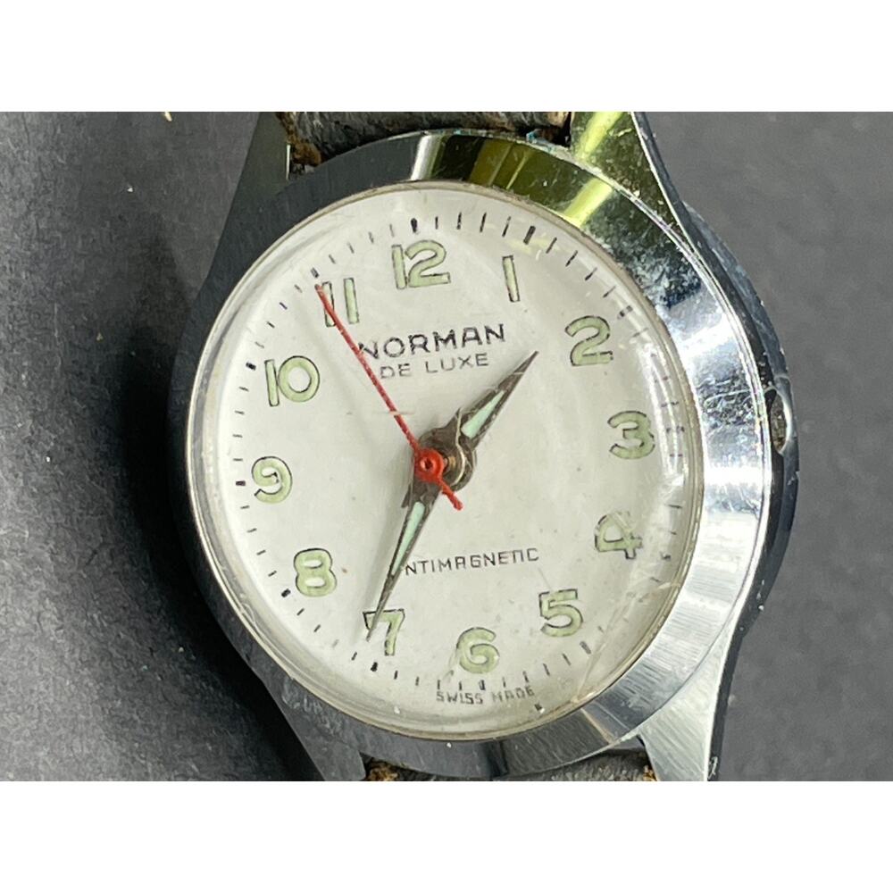 Vtg Norman Deluxe White Dial Swiss Made Ladies Watch Diamond Tooled 25.5mm